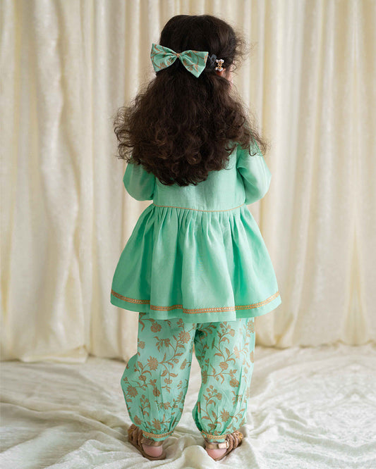 Tiber Taber Green Angrakha Pajama Set-Embroidered-Cotton-For Infants