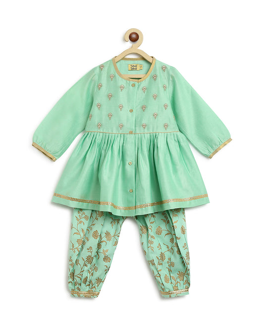 Tiber Taber Green Angrakha Pajama Set-Embroidered-Cotton-For Infants