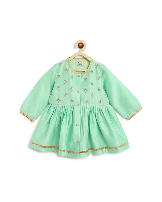 Tiber Taber Green Angrakha Pajama Set-Embroidered-Cotton-For Infants