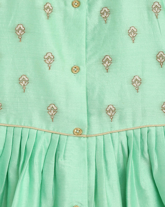 Tiber Taber Green Angrakha Pajama Set-Embroidered-Cotton-For Infants