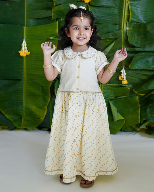 Tiber Taber Cream Pattu Pavadai Top & Skirt Set-Bandhani-Cotton-For Infants