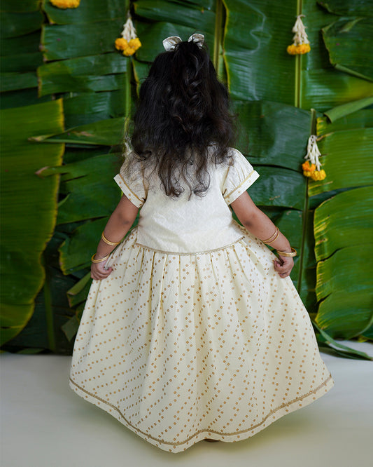 Tiber Taber Cream Pattu Pavadai Top & Skirt Set-Bandhani-Cotton-For Infants