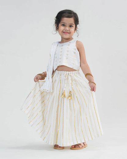 Tiber Taber White Lehenga Choli Set-Golden Hearts-Cotton-For Infants