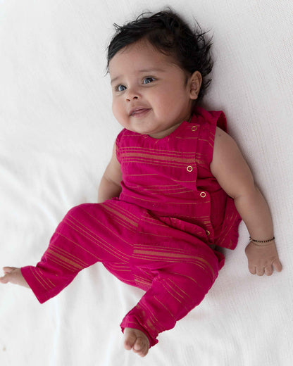 Tiber Taber Pink Jamun Chuski Jhabla and Pajama Set-Solid Zari Design-Cotton-For Infants