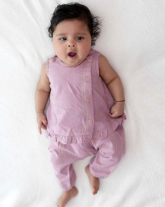 Tiber Taber Purple Jamun Chuski Jhabla and Pajama Set-Solid Zari Design-Cotton-For Infants