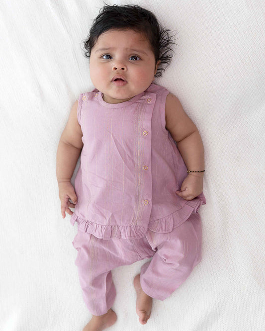 Tiber Taber Purple Jamun Chuski Jhabla and Pajama Set-Solid Zari Design-Cotton-For Infants