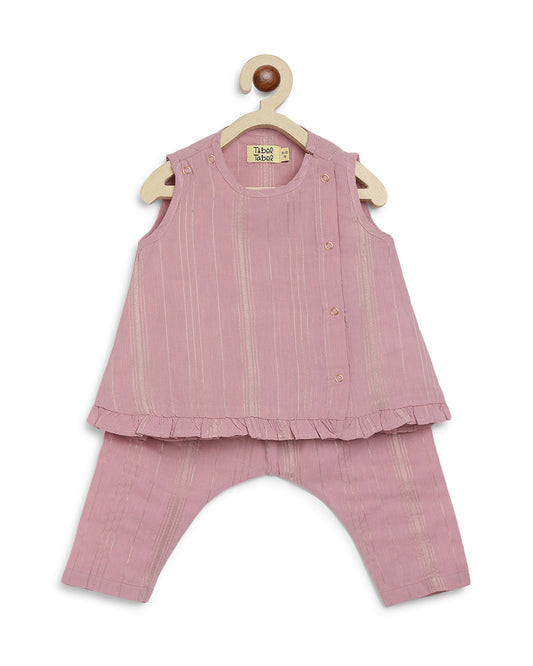 Tiber Taber Purple Jamun Chuski Jhabla and Pajama Set-Solid Zari Design-Cotton-For Infants