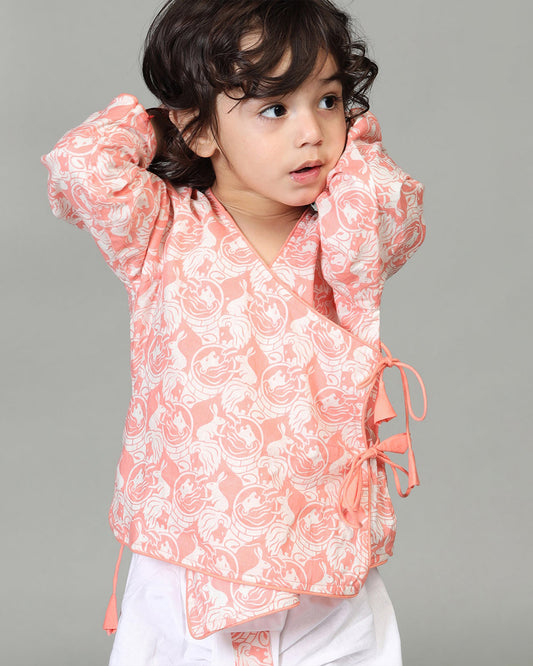 Story Tailor Peach Pink Angrakha Kurta Set with Dhoti-Printed-Cotton-V Neck-For Infants