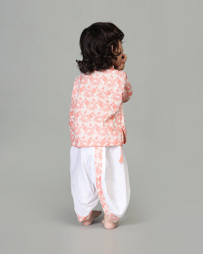 Story Tailor Peach Pink Angrakha Kurta Set with Dhoti-Printed-Cotton-V Neck-For Infants