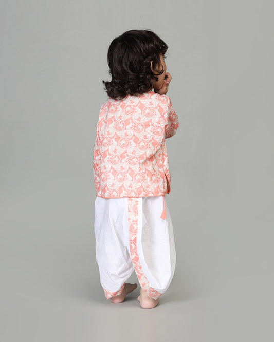 Story Tailor Peach Pink Angrakha Kurta Set with Dhoti-Printed-Cotton-V Neck-For Infants