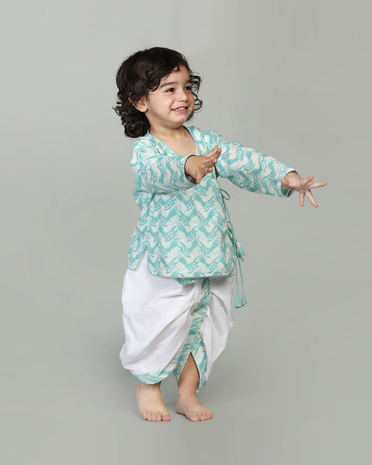 Story Tailor Sea Green Angrakha Kurta Set with Dhoti-Printed-Cotton-V Neck-For Infants