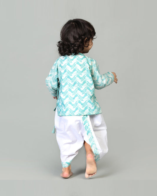 Story Tailor Sea Green Angrakha Kurta Set with Dhoti-Printed-Cotton-V Neck-For Infants