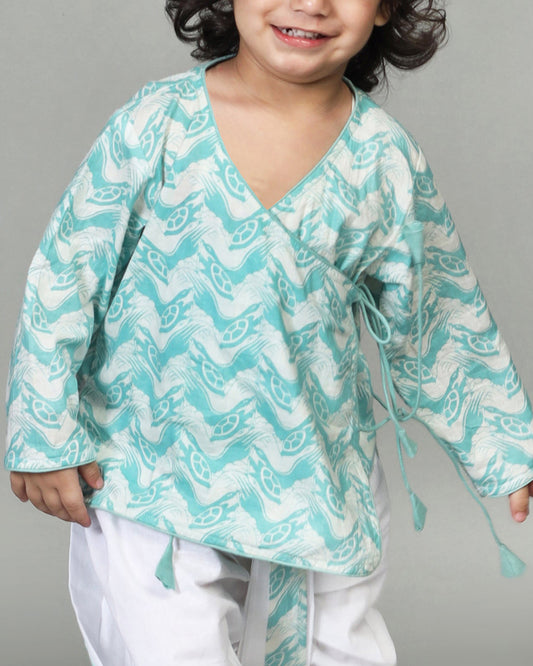 Story Tailor Sea Green Angrakha Kurta Set with Dhoti-Printed-Cotton-V Neck-For Infants