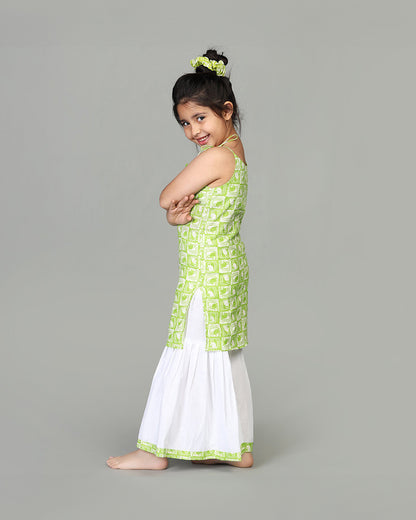 Story Tailor Green Salwar Suit Set with Sharara-Printed-Cotton-Square-For Infants