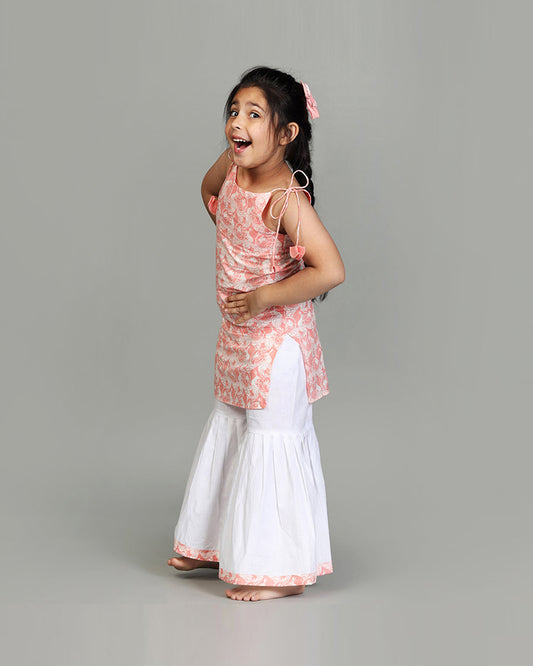 Story Tailor Peach Pink Salwar Suit Set with Sharara-Printed-Cotton-Square-For Infants