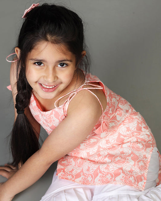 Story Tailor Peach Pink Salwar Suit Set with Sharara-Printed-Cotton-Square-For Infants