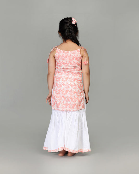 Story Tailor Peach Pink Salwar Suit Set with Sharara-Printed-Cotton-Square-For Infants