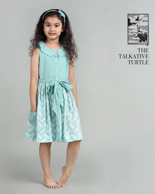 Story Tailor Blue Frock Dress-The Talkative Turtle-A Line-Cotton-For Infants