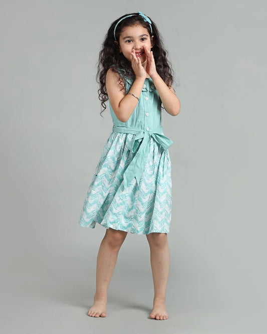 Story Tailor Blue Frock Dress-The Talkative Turtle-A Line-Cotton-For Infants