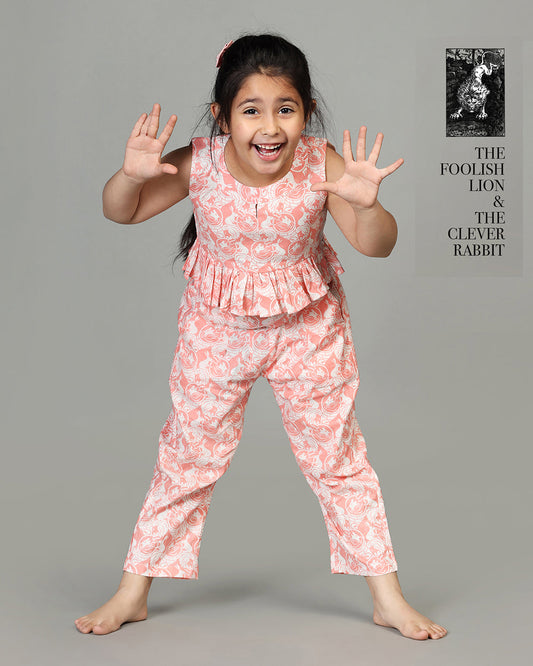 Story Tailor Peach Pink Crop Top and Pant-Foolish Lion and The Clever Rabbit-Cotton-For Infants