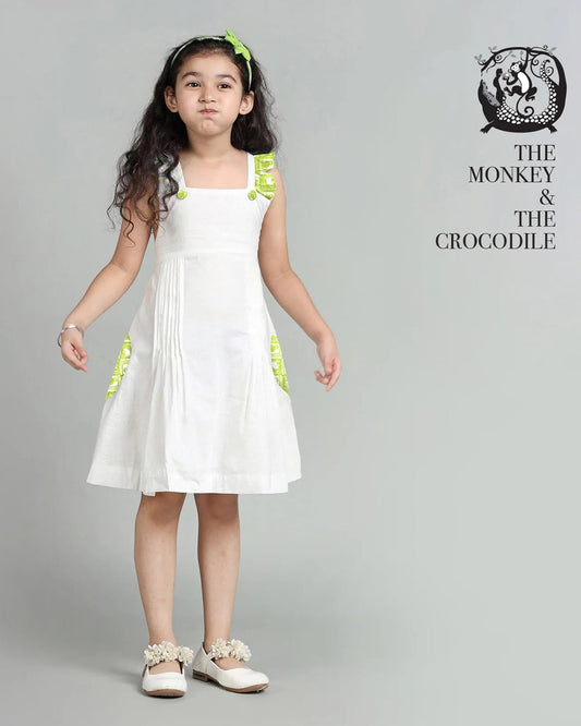 Story Tailor White & Green Dress-Monkey and The Crocodile-Fit & Flare-Cotton-For Infants