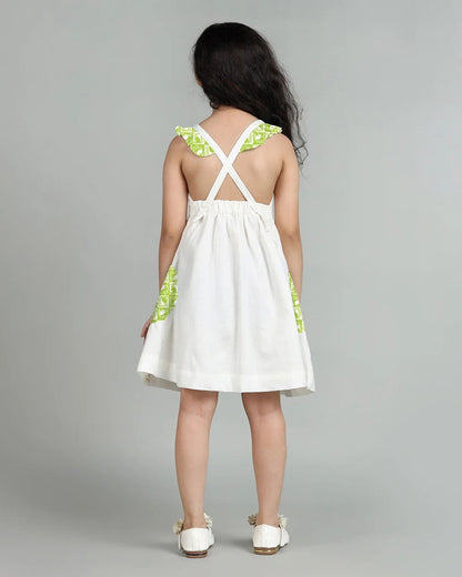 Story Tailor White & Green Frock Dress-Monkey and The Crocodile-Fit & Flare-Cotton-For Infants