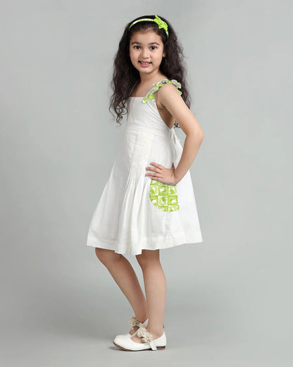 Story Tailor White & Green Frock Dress-Monkey and The Crocodile-Fit & Flare-Cotton-For Infants