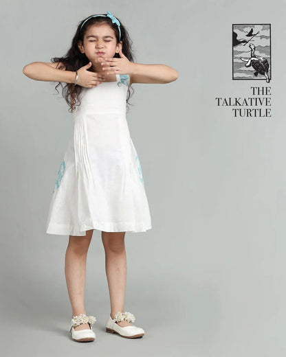 Story Tailor White & Blue Frock Dress-The Talkative Turtle-Fit & Flare-Cotton-For Infants