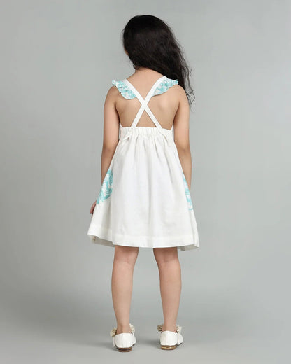 Story Tailor White & Blue Frock Dress-The Talkative Turtle-Fit & Flare-Cotton-For Infants