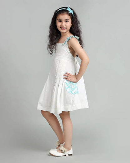 Story Tailor White & Blue Frock Dress-The Talkative Turtle-Fit & Flare-Cotton-For Infants