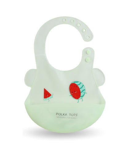 Polka Tots Waterproof Silicone Bib-Watermelon-Adjustable Snap Button-Crumb Catcher-For Feeding Infants