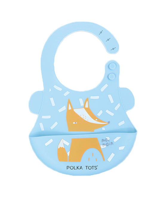 Polka Tots Waterproof Silicone Bib-Blue Fox-Adjustable Snap Button-Crumb Catcher-For Feeding Infants