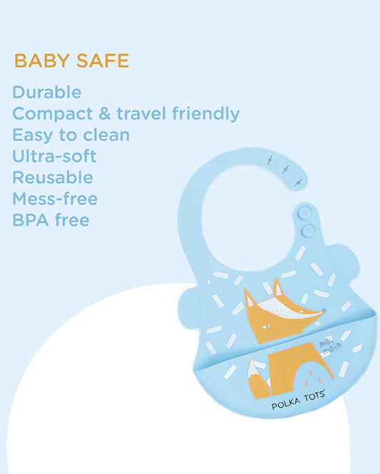 Polka Tots Waterproof Silicone Bib-Blue Fox-Adjustable Snap Button-Crumb Catcher-For Feeding Infants