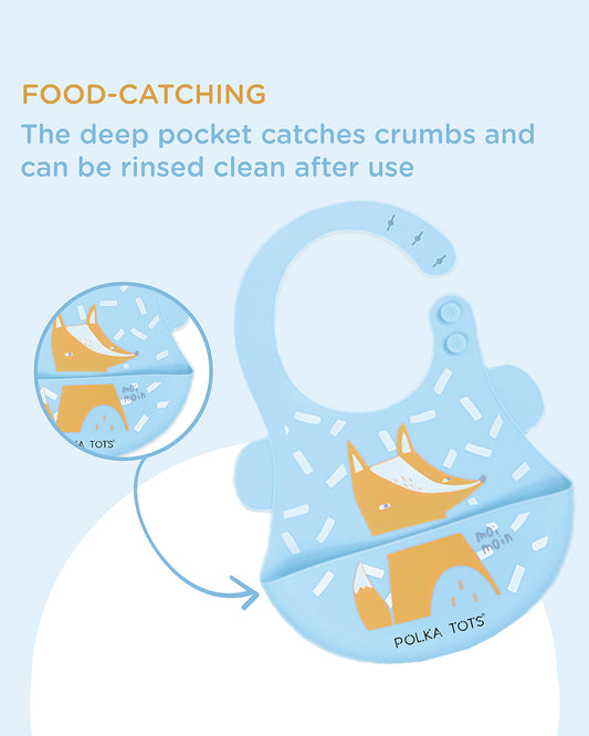 Polka Tots Waterproof Silicone Bib-Blue Fox-Adjustable Snap Button-Crumb Catcher-For Feeding Infants
