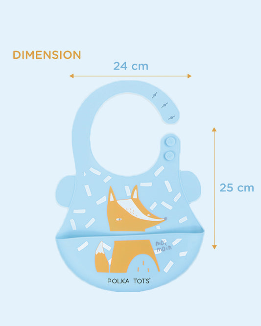 Polka Tots Waterproof Silicone Bib-Blue Fox-Adjustable Snap Button-Crumb Catcher-For Feeding Infants