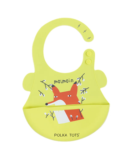 Polka Tots Waterproof Silicone Bib-Red Fox-Adjustable Snap Button-Crumb Catcher-For Feeding Infants