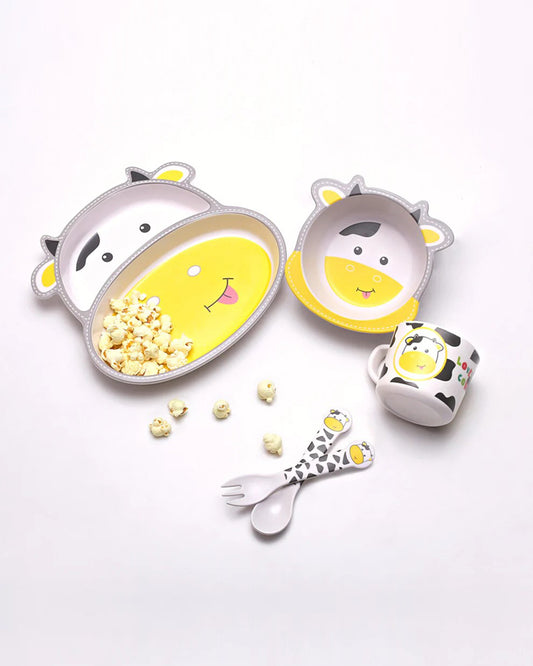 Polka Tots Eco-Friendly Bamboo Fiber Meal Set-Cow-Set of 5-For Feeding Infants