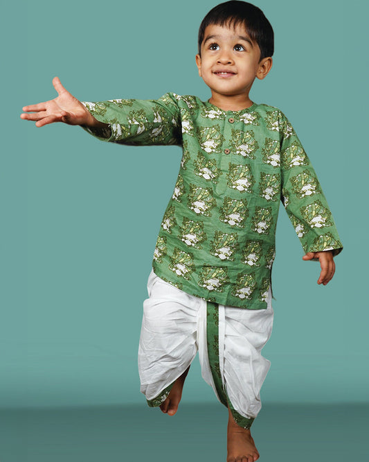 Polka Tots Green Kurta Dhoti Set-Printed-Cotton-For Infants