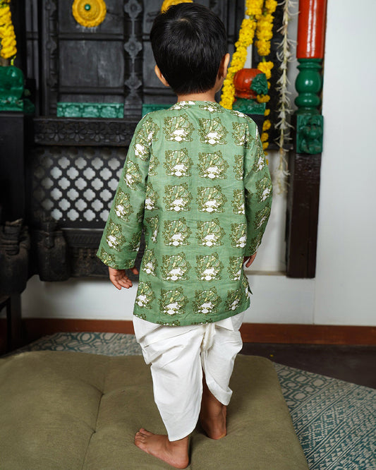 Polka Tots Green Kurta Dhoti Set-Printed-Cotton-For Infants