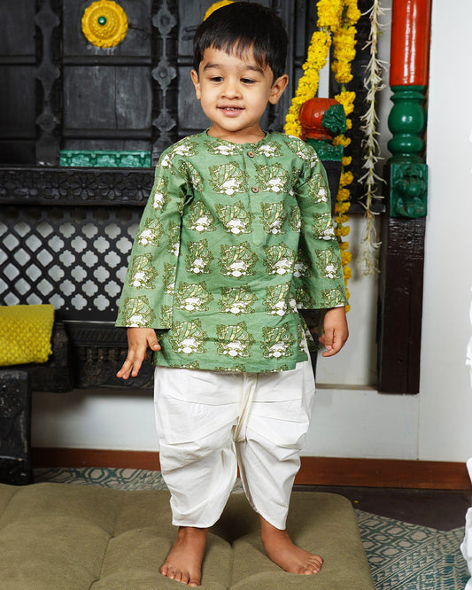 Polka Tots Green Kurta Dhoti Set-Printed-Cotton-For Infants