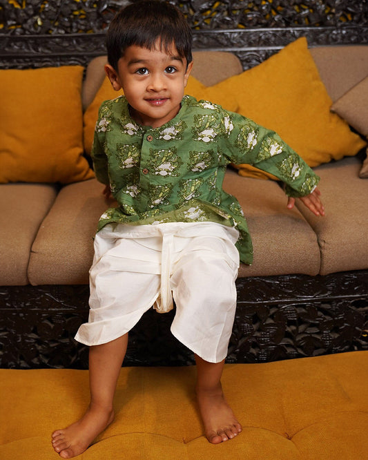 Polka Tots Green Kurta Dhoti Set-Printed-Cotton-For Infants