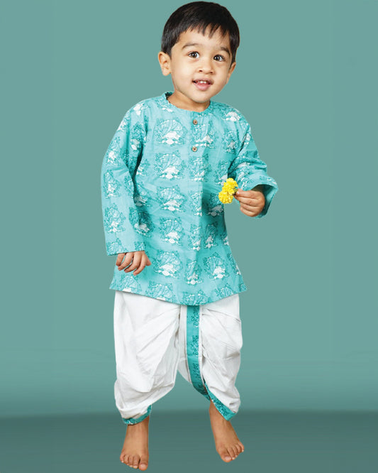 Polka Tots Blue Kurta Dhoti Set-Printed-Cotton-For Infants