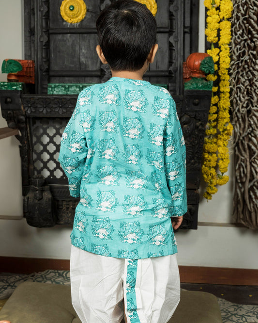 Polka Tots Blue Kurta Dhoti Set-Printed-Cotton-For Infants
