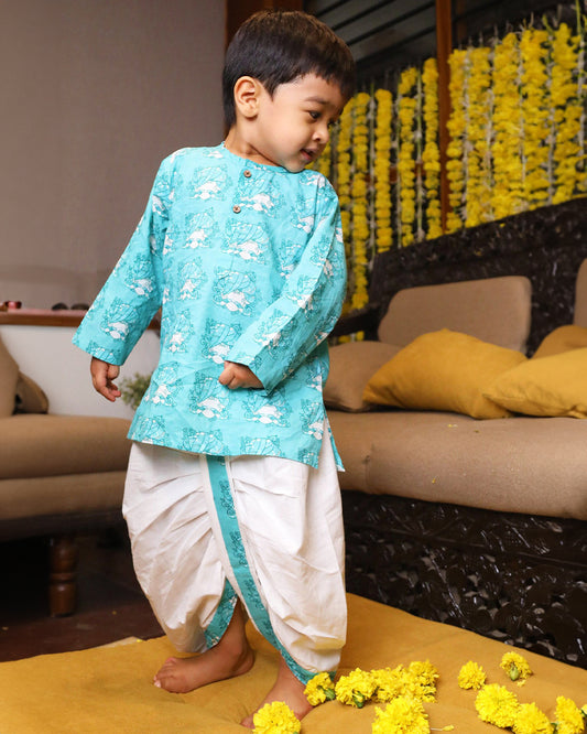 Polka Tots Blue Kurta Dhoti Set-Printed-Cotton-For Infants