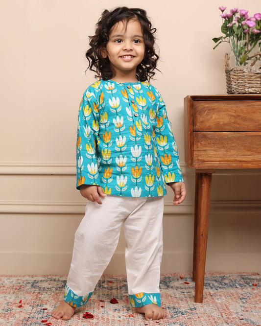 Polka Tots Pastel Blue Kurta Pajama Set-Printed-Cotton-For Infants