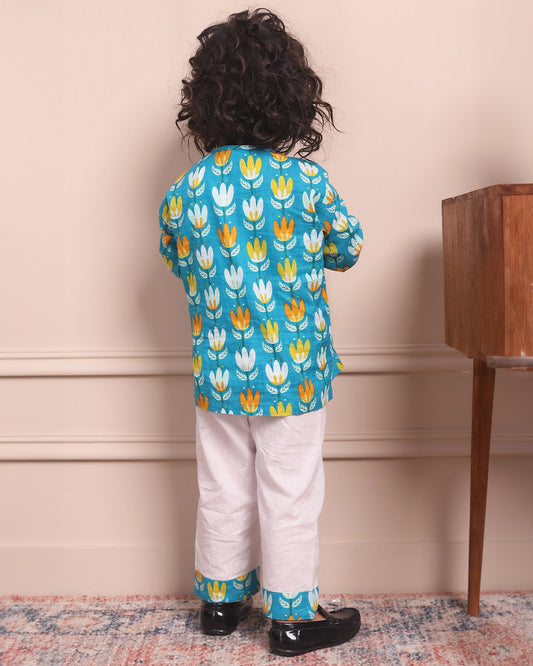 Polka Tots Pastel Blue Kurta Pajama Set-Printed-Cotton-For Infants