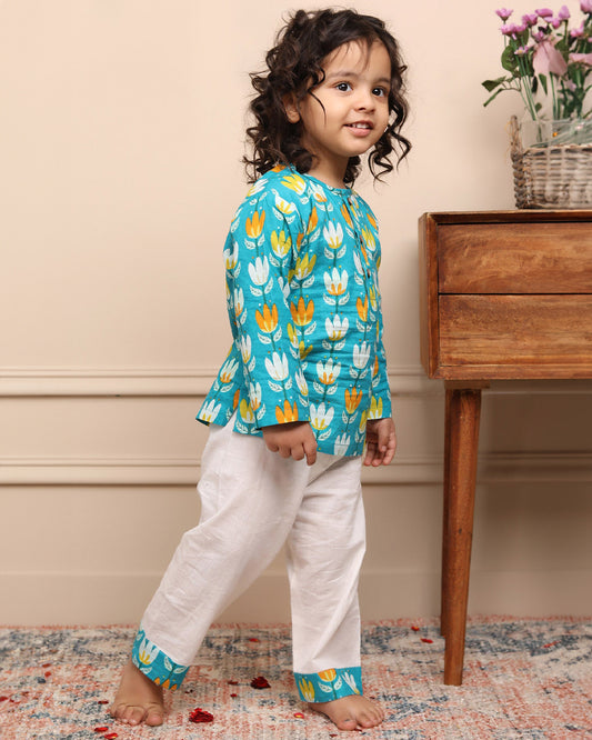 Polka Tots Pastel Blue Kurta Pajama Set-Printed-Cotton-For Infants