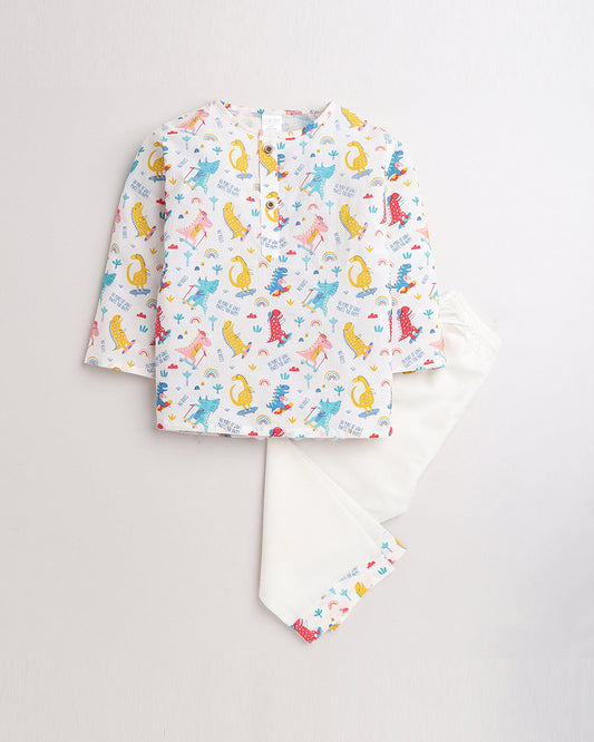 Polka Tots Multicolored Kurta Pajama Set-Animal Printed-Cotton-For Infants