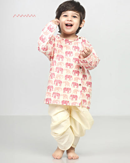 Polka Tots Pink & White Angrakha Dhoti Set-Printed-Cotton-For Infants