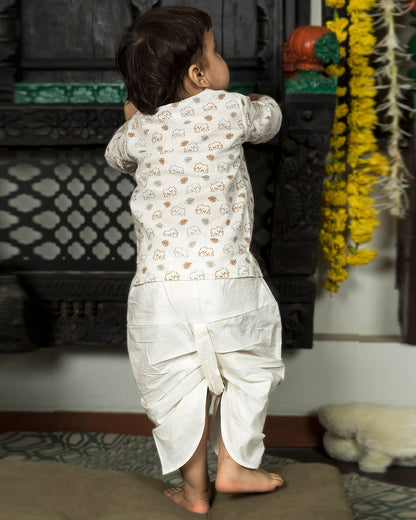 Polka Tots Brown Angrakha Dhoti Set-Elephant Print-Cotton-For Infants